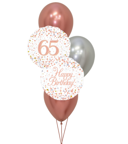 Sparkling Fizz 65th Rose Gold Birthday Colourful Classic. An arrangement by Balloon Bouquets Plus.