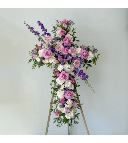 Lavender Comfort Cross by The Poppy Studio. An arrangement by Orange County Florist.