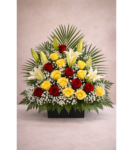 Red, Yellow Roses Symphathy Arrangement - Deluxe. An arrangement by EverBlooming Luxe Designs.