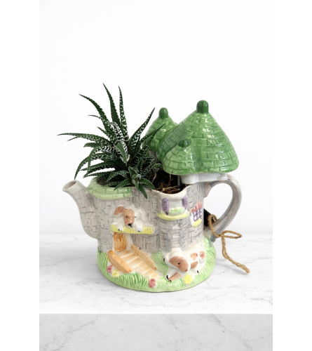 Vintage Teapot Planter (1 of a kind). An arrangement by Lori's Hearts and Flowers.