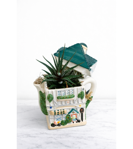 Vintage Teapot and Plant (1 of a kind). An arrangement by Anderson Flowers.