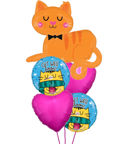 Orange Tabby Get Well Soon Cat Pink Super Fun Foil Balloon Bouque. An arrangement by Balloon Bouquets Plus.
