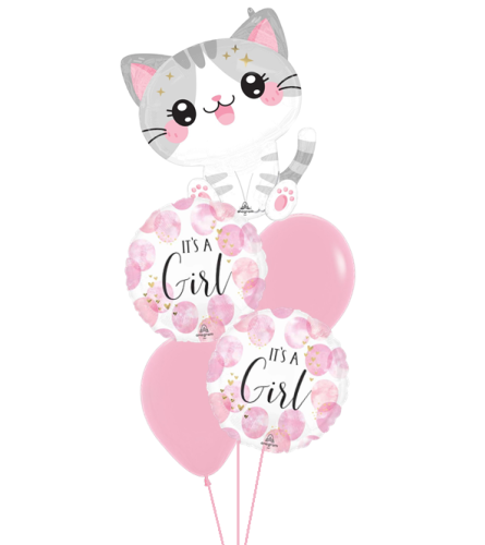 Starry Kitty Baby Girl Watercolour Cheerful Balloon Bouquet. An arrangement by Balloon Bouquets Plus.
