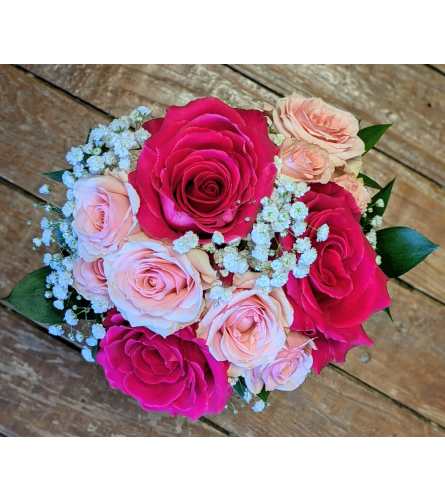 ASSORTED PINKS and WHITE NOSEGAY. An arrangement by Flowers by Priscilla.