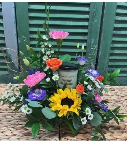 Local Soy Candle and Floral Arrangement. An arrangement by Forest Florist.