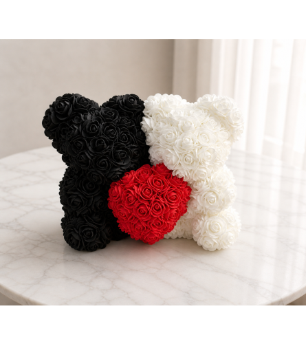 Black White Rose Teddy Bear with Red Heart. An arrangement by Bee Flowers.