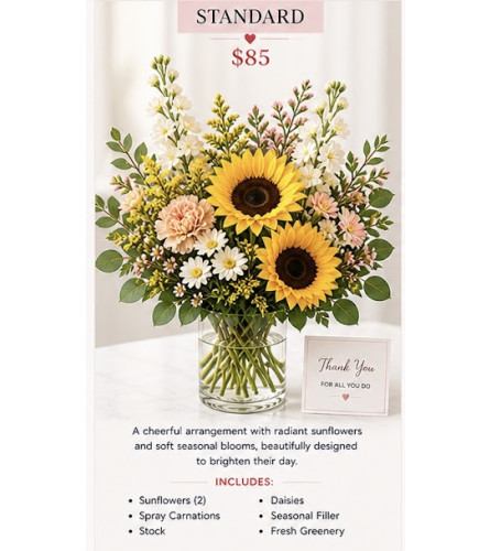 Sunflowers -Pink Carnation Pretty Arrangement. An arrangement by EverBlooming Luxe Designs.
