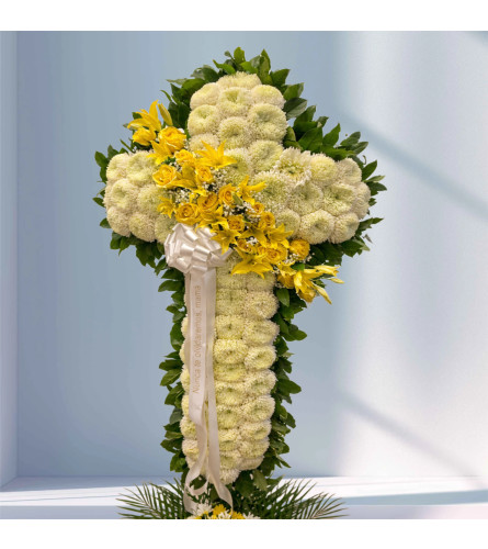 Golden Remembrance Cross. An arrangement by Garden Florist.