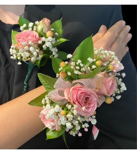 Blush and Bows Corsage and Boutonniere Pair. An arrangement by Loyalist Flowers.
