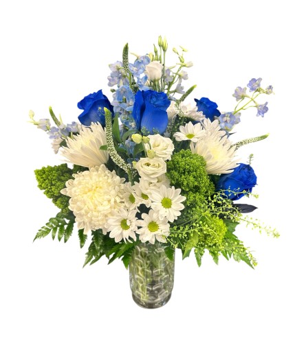 Blue and beautiful. An arrangement by DMP Flowers and Gifts.