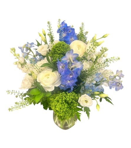 Cloudy skies. An arrangement by DMP Flowers and Gifts.