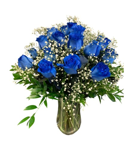 12 blue roses. An arrangement by DMP Flowers and Gifts.