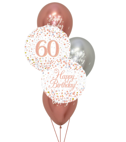 60th Sparkling Fizz Rose Gold Happy Birthday Balloon Bouquet. An arrangement by Balloon Bouquets Plus.