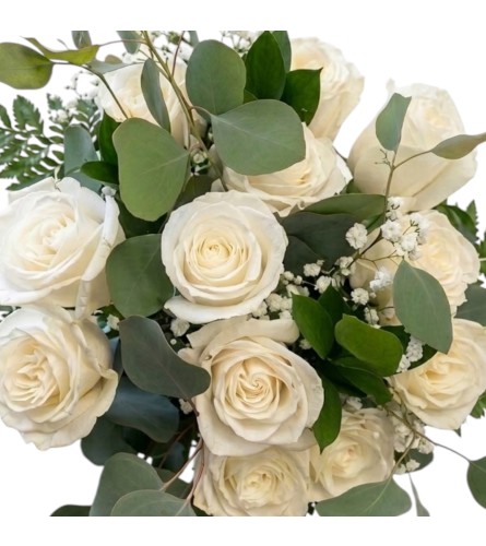 A dozen white rose bouquet. An arrangement by DMP Flowers and Gifts.
