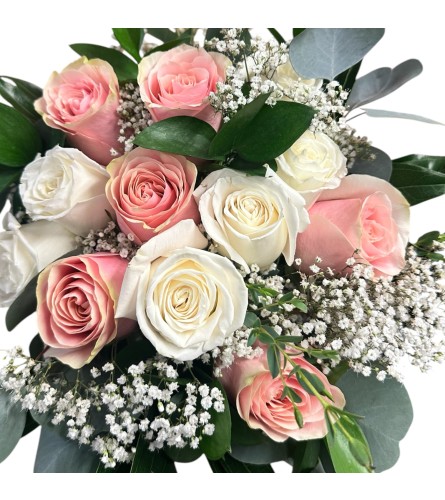 Pink and white roses. An arrangement by DMP Flowers and Gifts.