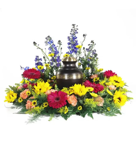Vibrant Memories Urn Wreath. An arrangement by Anne Marie Rose Floral Design.
