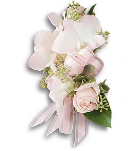 Beautiful Blush Corsage. An arrangement by Ada's Flowers.