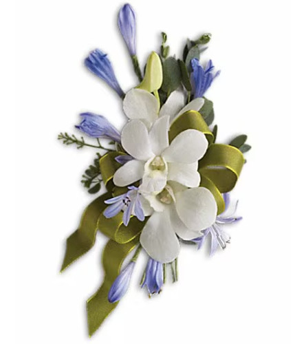 Blue and White Elegance Corsage. An arrangement by Ada's Flowers.