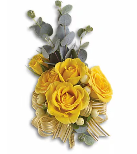 Sunswept Corsage. An arrangement by Ada's Flowers.