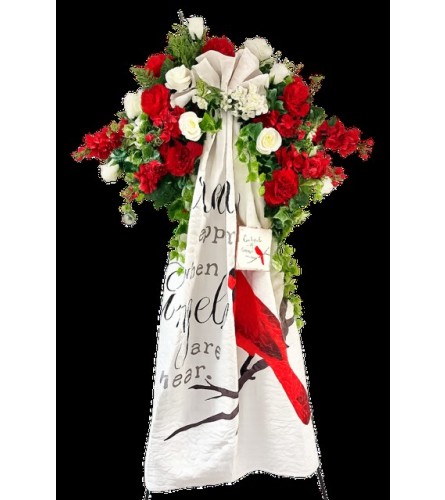Cardinal Stand. An arrangement by Sunny Day Blossoms Design Studio.