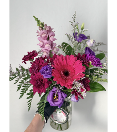 Moody Berry Mason Jar. An arrangement by Brooklin Floral and Garden Shoppe Inc..