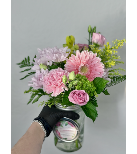Strawberry Lemonade Mason Jar. An arrangement by Brooklin Floral and Garden Shoppe Inc..