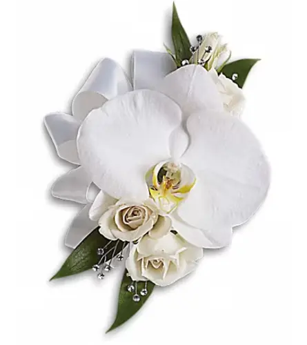 White Orchid and Rose Corsage. An arrangement by Very's Flowers.
