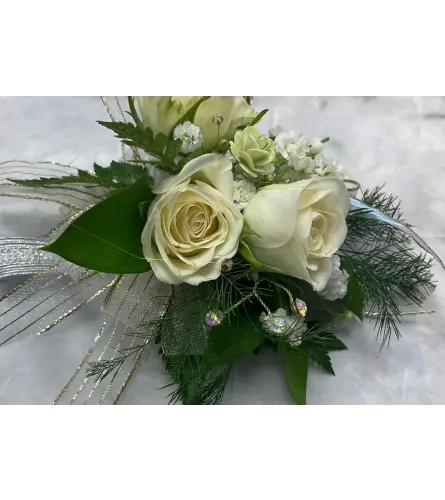 Silver Serenity Corsage. An arrangement by Fendley Florists.