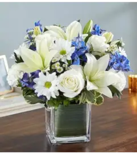 Sweet Blues Cube Unique - Deluxe. An arrangement by Brickell Exclusive Blooms.