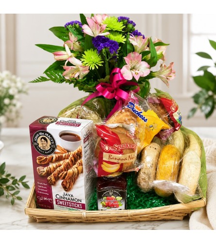 Breakfast Bagels, Muffins and Buds Basket. An arrangement by Fink Flowers Gifts and Flower Delivery.