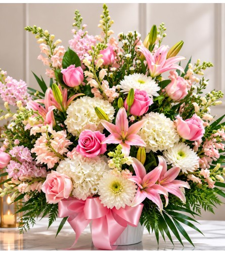 Shades of Pink Funeral Basket. An arrangement by Fink Flowers Gifts and Flower Delivery.