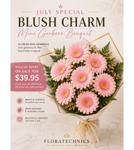 Blush Charm (Pink Mini Gerbera Bouquet). An arrangement by Lori's Hearts and Flowers.