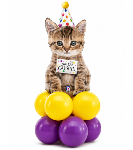 Cue the Catfetti Balloon Super Table Topper. An arrangement by Balloon Bouquets Plus.