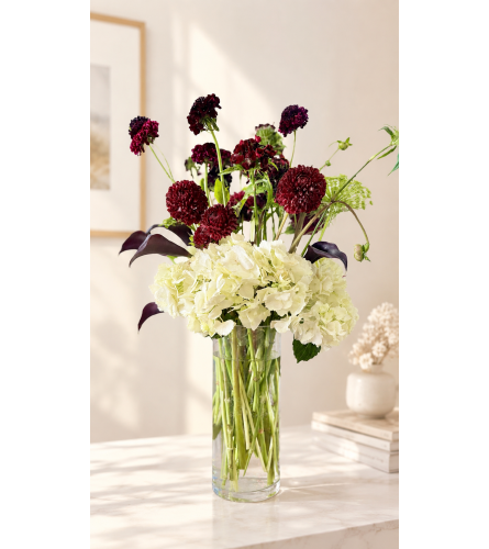 Crimson Whisper and Snowy Delight. An arrangement by Floral Lady Design Studio LLC.
