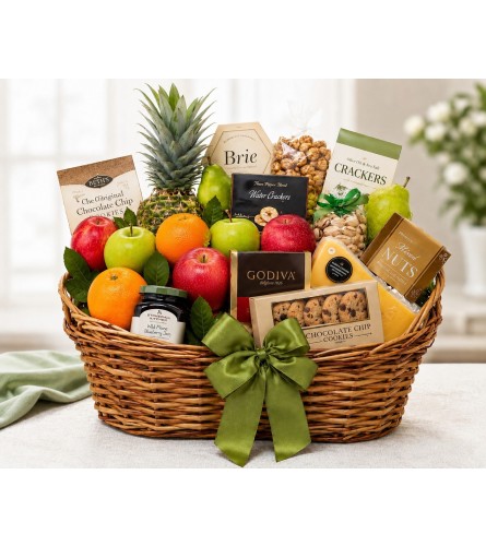 Fruit and Goodie Basket. An arrangement by Fink Flowers Gifts and Flower Delivery.