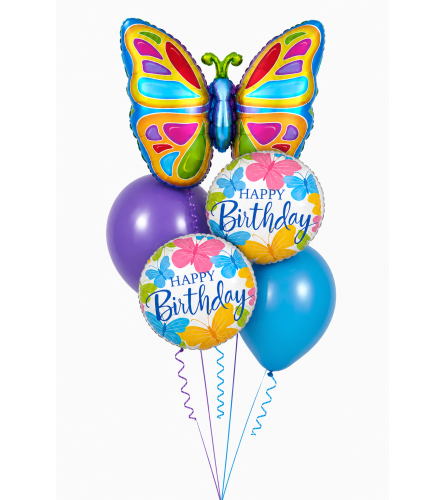 Happy Birthday Bright Colourful Butterflies Cheerful Balloon Bouq. An arrangement by Balloon Bouquets Plus.