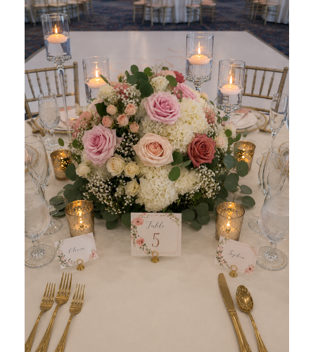 Tender Rose and Hydrangea Hug wedding centerpiece. An arrangement by Floral Lady Design Studio LLC.