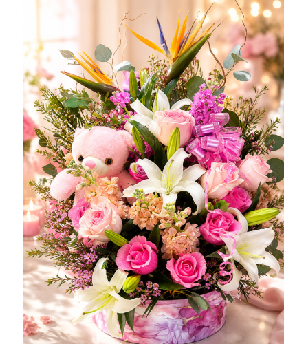 Peachy Pink Dream Arrangement in box. An arrangement by Floral Lady Design Studio LLC.