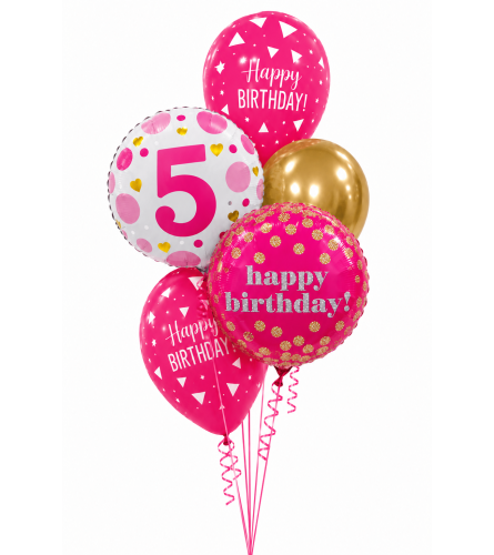 Age 5 Pink Dotty Happy Birthday Classic Balloon Bouquet. An arrangement by Balloon Bouquets Plus.