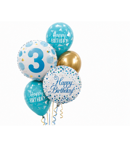 Age 3 Blue Dot Sparkling Fizz Happy Birthday Classic Balloon Bouq. An arrangement by Balloon Bouquets Plus.