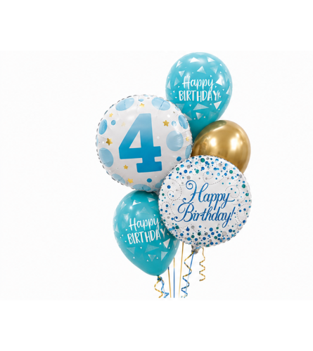 Age 4 Blue Dot Sparkling Fizz Happy Birthday Classic Balloon Bouq. An arrangement by Balloon Bouquets Plus.