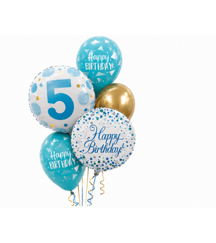 Age 5 Blue Dot Sparkling Fizz Happy Birthday Classic Balloon Bouq. An arrangement by Balloon Bouquets Plus.