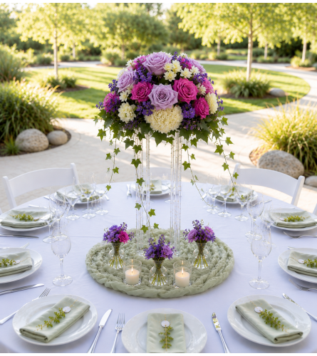 Lavender Garden Glow centerpiece. An arrangement by Floral Lady Design Studio LLC.