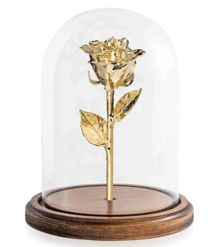 24 Karat Gold Dipped Forever Rose with Maple Base and Glass Dome. An arrangement by Flowers of Jacksonville.