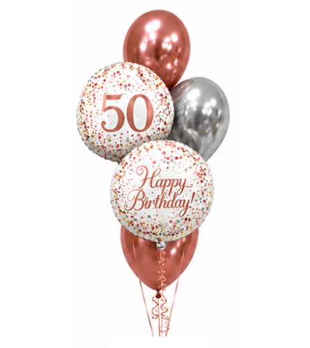 Sparkling Fizz 50th Rose Gold Birthday Classic Balloon Bouquet. An arrangement by Balloon Bouquets Plus.