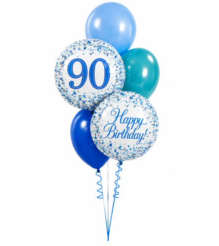 Sparkling Fizz 90th Blue Birthday Classic Balloon Bouquet. An arrangement by Balloon Bouquets Plus.