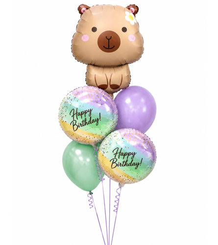 Capybara Pastel Birthday Cheerful Balloon Bouquet. An arrangement by Balloon Bouquets Plus.