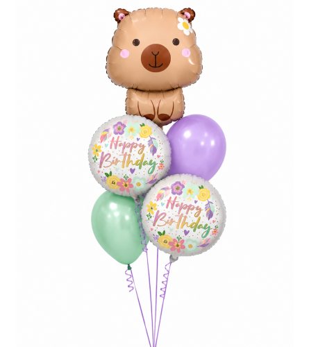 Capybara Boho Birthday Colourful Cheerful Balloon Bouquet. An arrangement by Balloon Bouquets Plus.