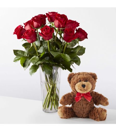 Classic Red Roses with Plush Bear - Deluxe. An arrangement by Deer Valley Florist and Flower Delivery.
