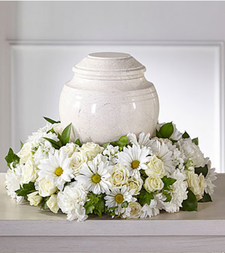 FTD Ivory Gardens Cremation Urn. An arrangement by Fendley Florists.